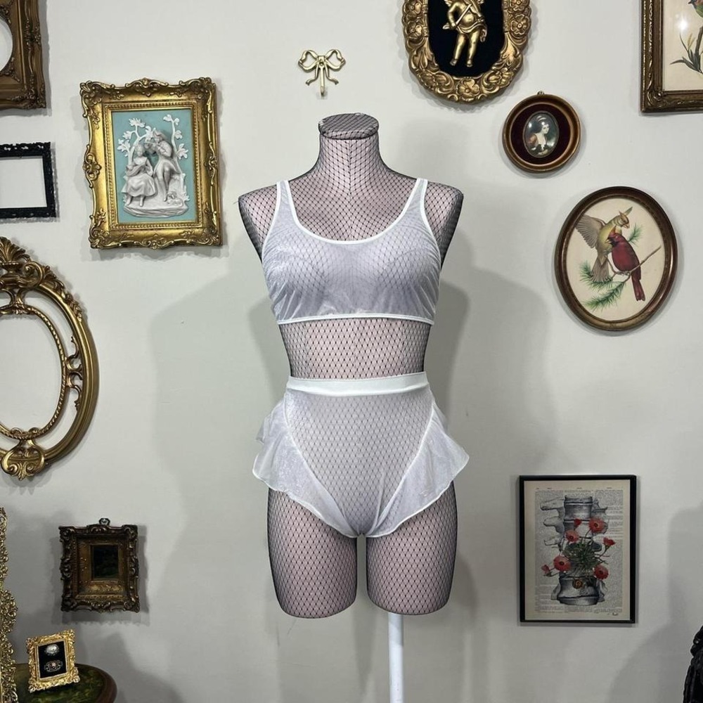 Vintage SHAME White Shimmer Mesh Lingerie Set – Sheer Tank Top + Panties